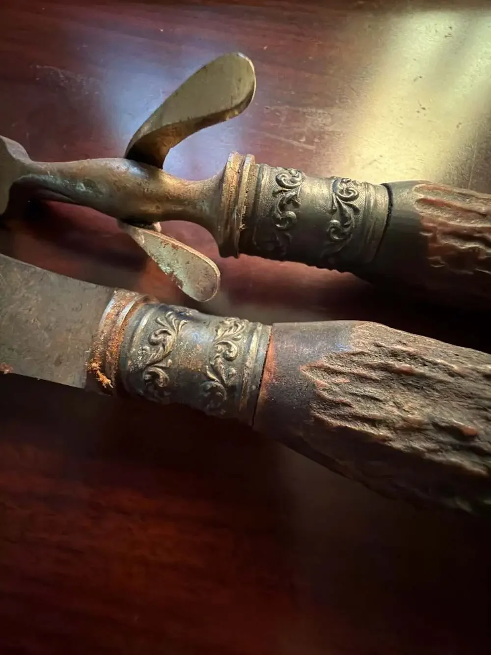 Vintage Antique Carving Set with Stag Antler Handles and Ornate Metal Ferrules